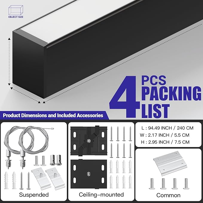 JTT 8FT LED Linear Light,8Foot LED Shop Lights 100/80/60W 3/4/5000K CCT Selectable,Commercial 8Feet Lighting Fixture 0-10V Dimmable Lighting Fixture ETL for Gym Retails Office Garage Classroom,4Pack