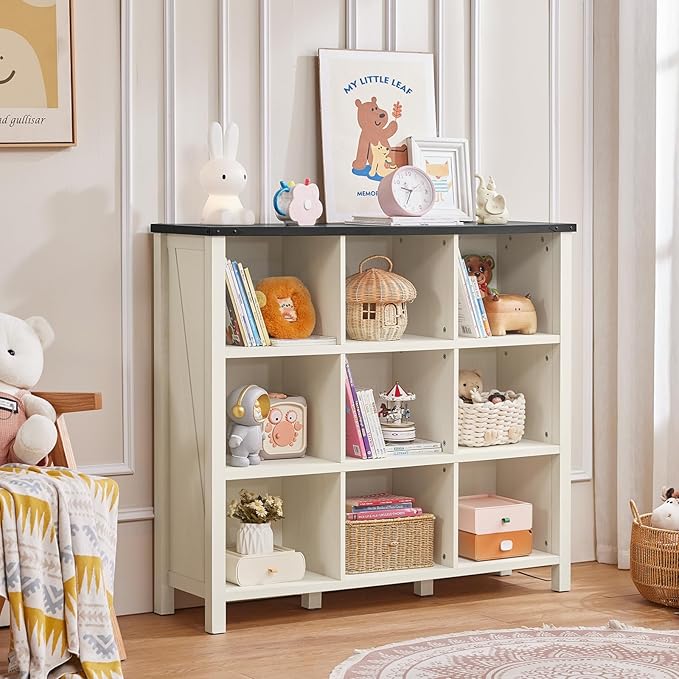 9 Cube Bookcase, Farmhouse 47 Inch Wide White Bookshelf, Wooden 3 Tier Display Large Open Book Shelf, Vintage Horizontal Book Case for Home Office, Cubby Storage Cabinet for Living Room