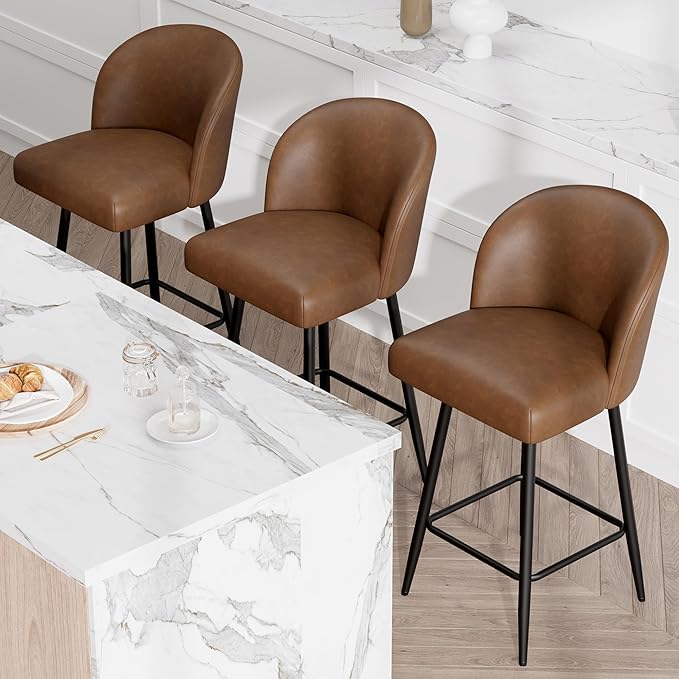 Counter Height Bar Stools Set of 4,360° Swivel Barstools with High Back and Metal Legs,26" Seat Height, Upholstered PU Leather Bar Chairs for Kitchen Island, Dining Room,Cafes,Yellow Brown