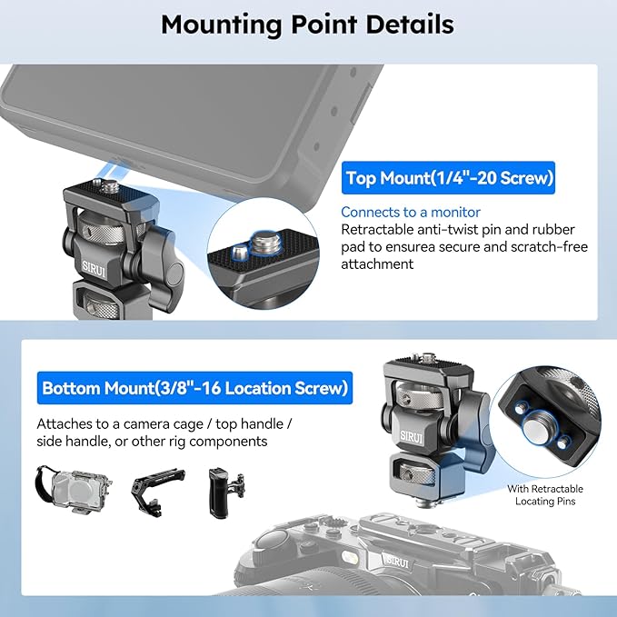 Sirui Camera Monitor Mount with 3/8” Retractable Locating Pins Mounting Base, Swivel and Tilt Adjustable Field Monitor Holder with Anti-Twist Pin for 5" and 7" Monitors, AM-MT02