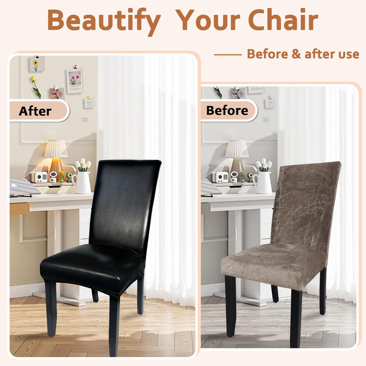 Soft Leather Chair Covers for Dining Chairs set of 6, Stretch Waterproof Dining Chair Covers Protector Oilproof and Scratch-Proof Parson Chairs Cover Modern Style for Kitchen Room(Black, 6Pcs)