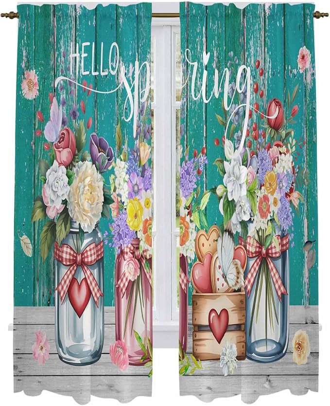 Spring Flowers Kitchen Curtains, Farmhouse Watercolor Teal Wood Grain Light