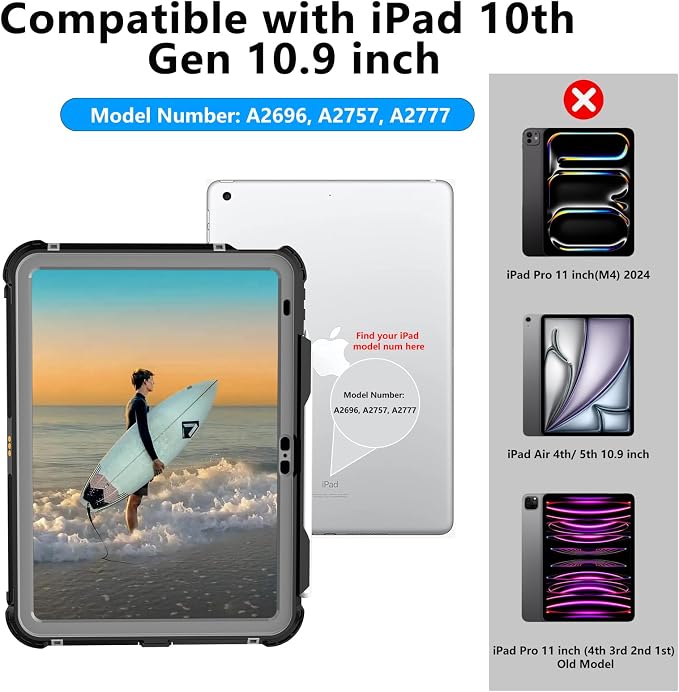 10.2 Waterproof Case Compatible with iPad 9th 8th 7th Generation 2021/2020/2019 Built-in Screen Protector with Strap Stand Pencil Holder Full Body Heavy Duty Protective Shockproof