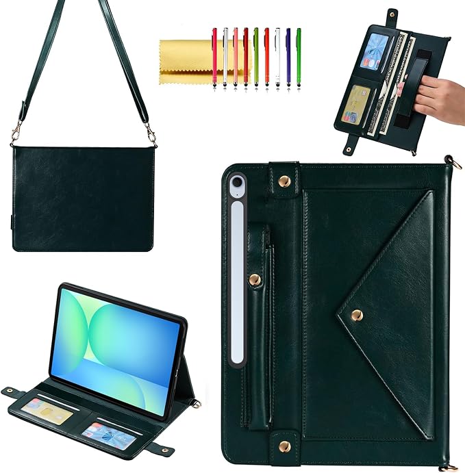Handbag Case for Samsung Galaxy Tab S10 FE/S9 FE 10.9/S9/S8/S7 11 Techcircle Folio Stand Crossbody Wallet Protective Cover with S Pen Holder &amp Card Slots Hand Strap &amp Shoulder Strap Black