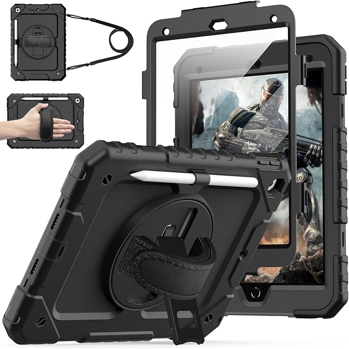 Cantis Case for iPad 9th/8th/7th Generation with Screen Protector iPad 10.2 Case 2021/2020/2019 with 360 Degree Rotating Stand/Shoulder Strap/Pencil Holder Alpine Green