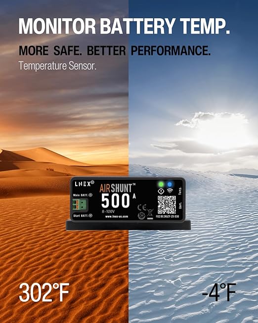 LNEX Bluetooth Battery Monitor, 500A Smart Shunt with Temp Sensor for 8-100V Lifepo4, Lithium Sealed, Gel, Flooded Battery
