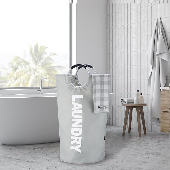 Caroeas 100L Laundry Basket,Large Laundry Hamper, Laundry Bag with Padded Handles, Clothes Hamper Stands Up Well, Collapsible Free Standing Easy Storage Washing Bin (Light Grey,100L)
