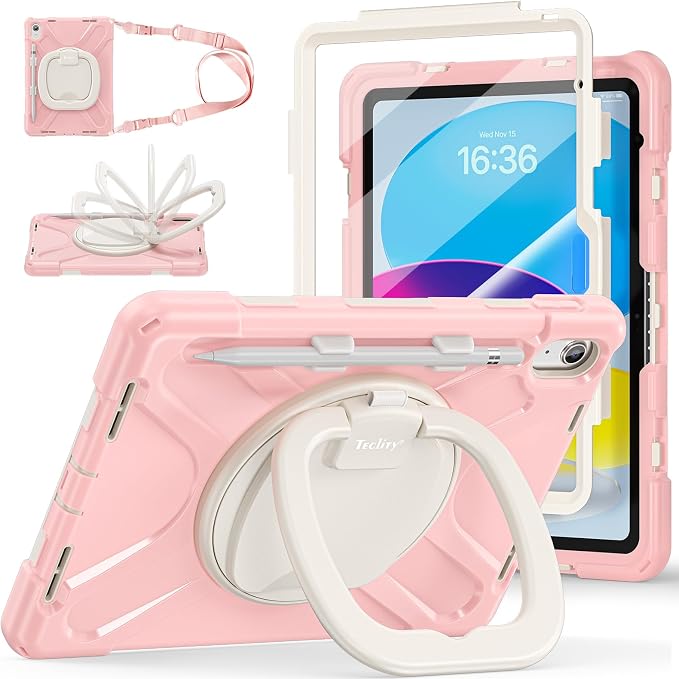 Case for iPad (A16) 11th/10th Generation - 2025/2022 (11″/10.9″) | 4 Layers Drop Protection iPad Case with Screen Protector 360° Rotating Stand Shoulder Strap Pencil Holder Black