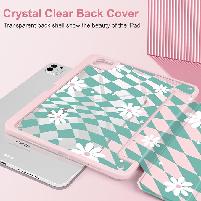 DONGKE for iPad Pro 11-Inch Case (M5 2025 / M4 2024) 6th/5th Generation [Auto Sleep/Wake &amp Pencil Pro Holder] Clear Acrylic Back Smart Trifold Stand Cover Bear &amp Cherry