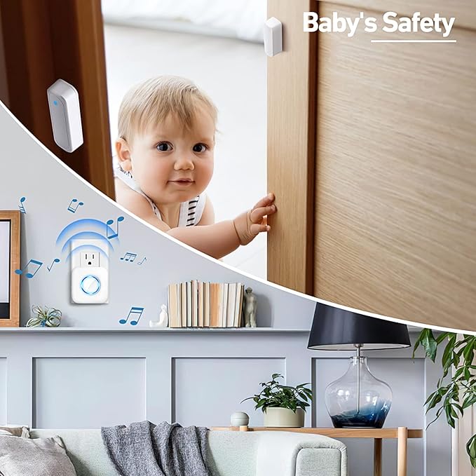 Door Chime, Satisure Wireless Door Open Contact Sensor Alarm Chime with 600 FT Range 58 Chimes 5 Volume Levels LED Indicators (2 Receivers & 2 Sensors)