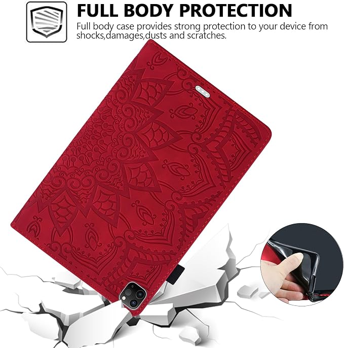Folio Case for iPad Pro 11 2018-2022 iPad Air 11 2025/2024/Air 10.9 - Techcircle Stand Mandala Embossed PU Leather Soft TPU Cover with Elastic Strap Card Slots Pencil Holder - Pink