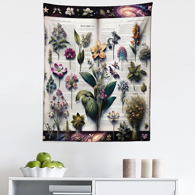 Ambesonne Botanic Tapestry, Wildflowers on an Open Vintage Book with Galactic Milky Way Swirls, Fabric Wall Hanging Decor for Bedroom Living Room Dorm, 23" X 28", Forest Green and Multicolor