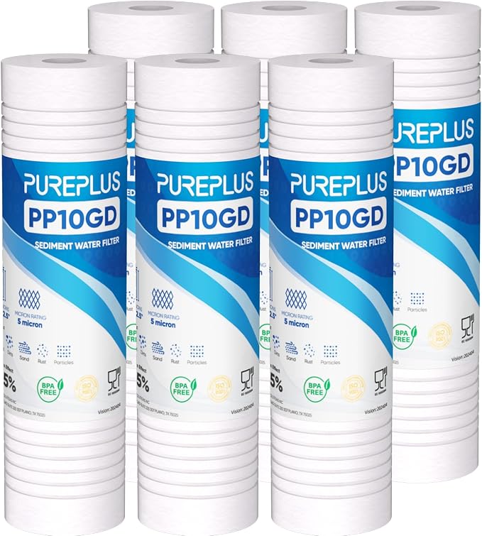 PUREPLUS 5 Micron 10" x 2.5" Whole House Grooved Sediment Home Water Filter