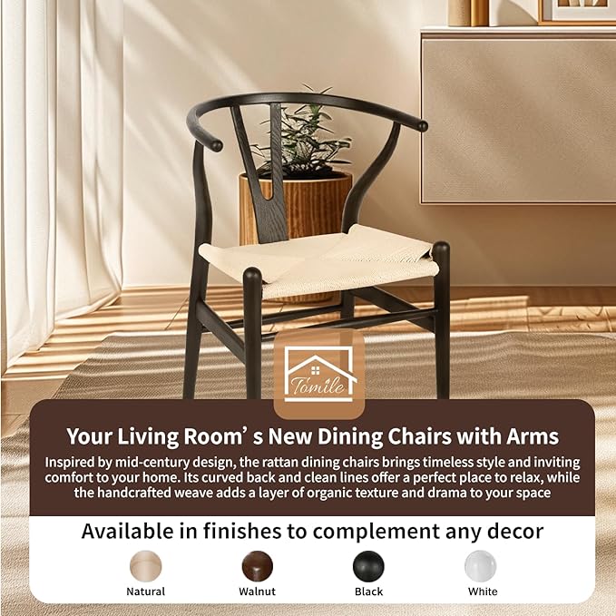 Tomile Solid Wood Wishbone Chair Y Chair Mid-Century Armrest Dining Chair, Hemp Seat (Ash-Black Frame + Natural Cord)