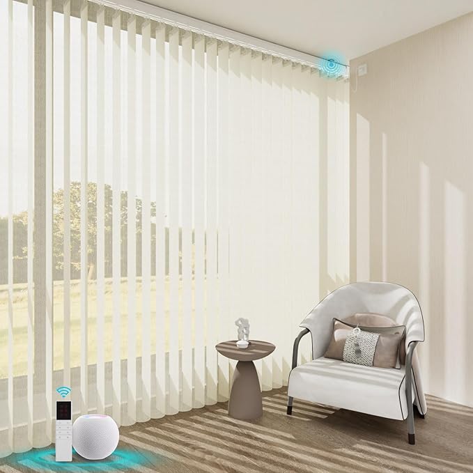 Blindify Motorized Sheer Vertical Blinds with Remote, Light Filtering Smart Vertical Blinds Work with Alex Google Home, Horizontal Blinds for Sliding Glass Doors, Customize(Linen Beige)