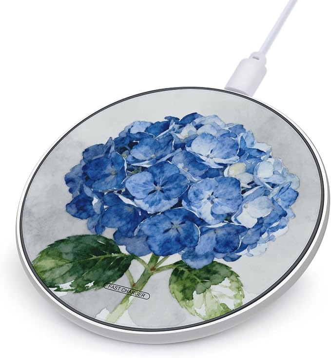 Blue Hydrangea Wireless Charger with Aluminum Alloy Frame Qi Certified Fast Wireless Charging Pad 10W Charging Station Portable Phone Charger for All Wireless Charging Phone