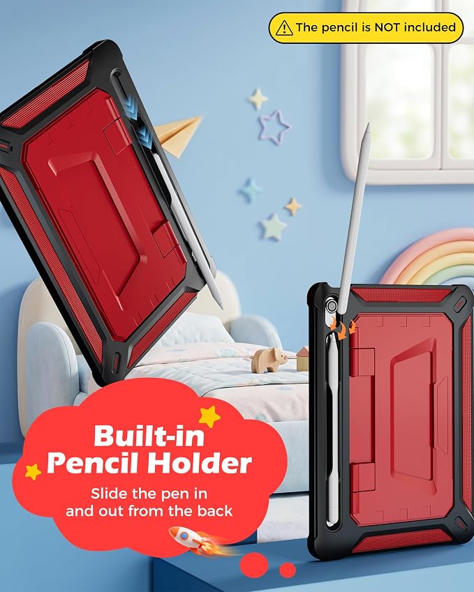 ProCase Kids Case for 11 iPad (A16) &amp 10.9 iPad 10th Gen Black | 180° Adjustable Kickstand with Pencil Holder 3-Layer Heavy Duty Rugged Shockproof Hard Shell Cover
