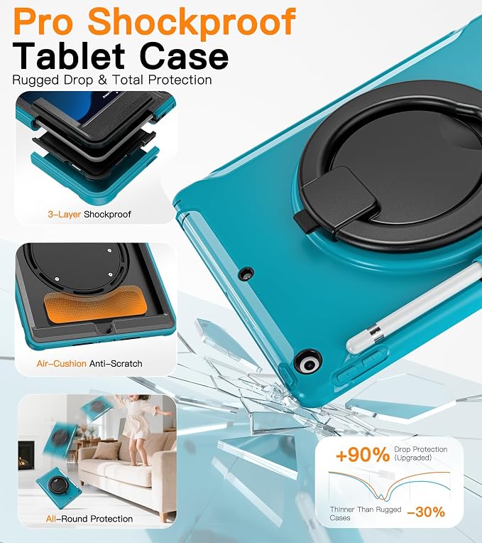 BATYUE Shockproof Case for iPad 9th 8th 7th Gen 10.2 Inch Black | 3in1 PC+TPU Heavy Duty 360° Rotatable Ring Stand for Grip Carry Hang &amp Multi-Angle View Screen Protector Pencil Holder