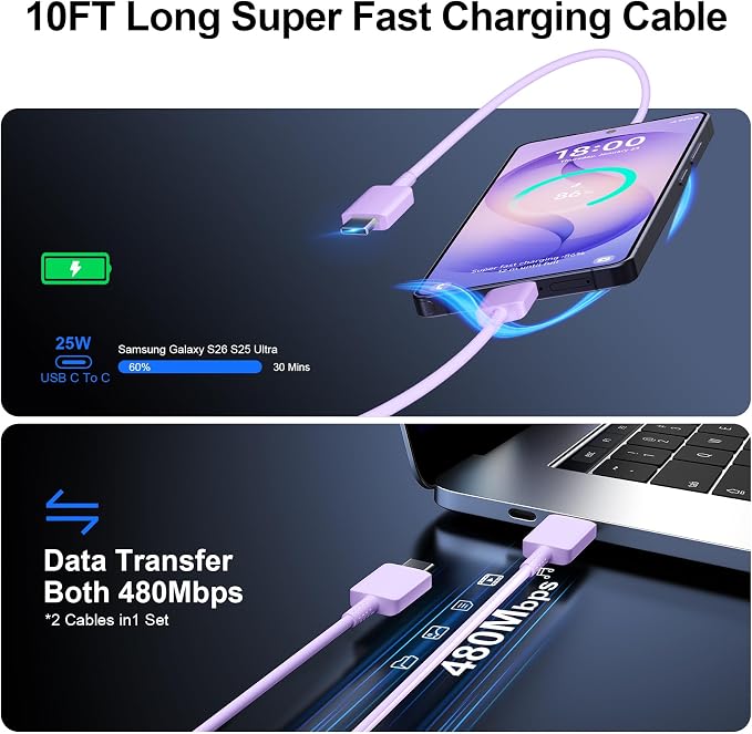 Super Fast Charger Type C 25W USB C Wall Charger Fast Charging for Samsung Galaxy S26 Ultra/S26/S26+/S25 Ultra/S25/24 Ultra/S24/S23 Ultra/S22 Ultra with 10FT Long Android Type C Charger Cable 2Pack