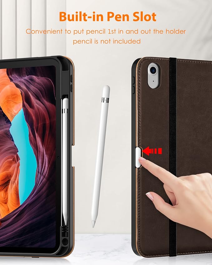 DTTO for iPad (A16) 11th Generation 11-inch &amp 10th Gen Case Brown | Premium Leather Business Cover with Pencil Holder Hand Strap &amp Pocket Corner Protection Auto Sleep/Wake for Work &amp