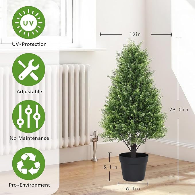 Artificial Cedar Topiary Trees Set of 2, 30'' UV Resistant Faux Cypress Pine Plants Outdoor, 2.5ft Large Realistic Faux Evergreen Cone Bushes & Shrubs for Front Porch Planter Christmas Decor