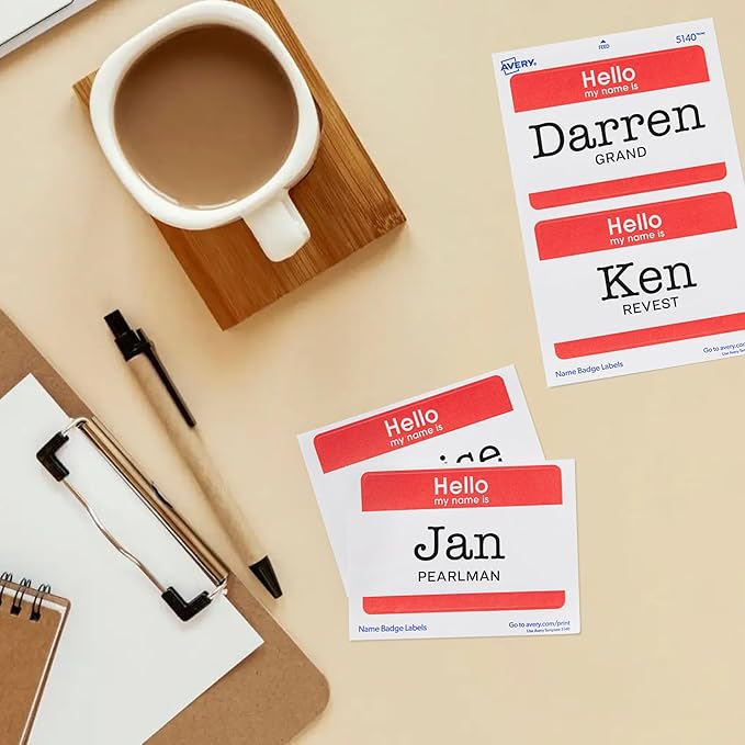 Avery Customizable Name Tags, Hello My Name is, White, Red Border, Removable Adhesive, Laser/Inkjet Printable, 100 Total (5140)