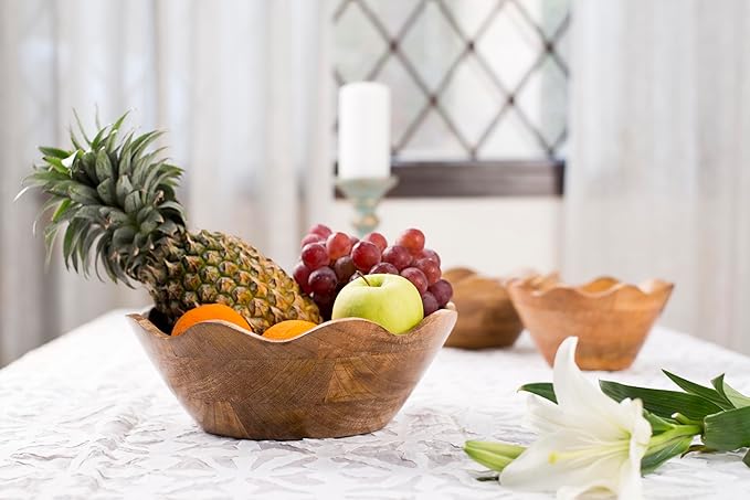Mela Artisans Scalloped Decorative Wooden Bowl | 12 Inch Mango Wood Fruit & Serving Bowl | Natural Grain Finish | For Kitchen Counter | Snacks | Desserts | Bread | Handcrafted Home Decor