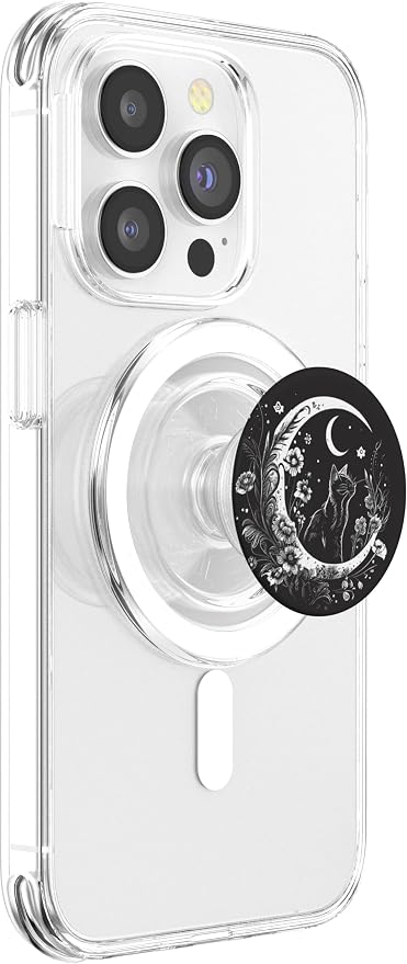 Cat Sitting On Crescent Moon Flowers Stars Drawing PopSockets Adhesive PopGrip
