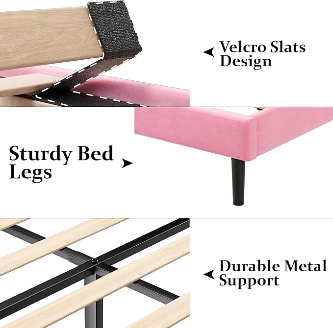 Twin Size Bed Frames with Wingback Headboard Easy Assemnly Platform Bedframe, Sturdy Wooden Slat Support No Box Spring Needed, Pink Velvet