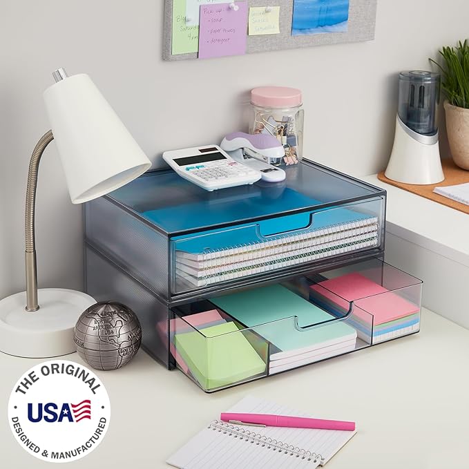 STORi STAX Plastic Stackable Organizer Drawers (Set of 2) Classic Grey | 12.5" Wide | Set Includes One Open Drawer & One Divided Drawer | Organize Office Desk Accessories & Sort Paper | Made in USA