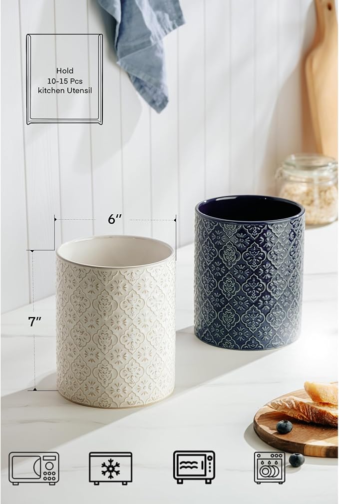 Kitchen Utensil Holder, 6x7 inch Large Ceramic Utensil Holder with Embossed Pattern, Cooking Utensil Crocks for Kitchen Countertop, Home Decor, Off-White