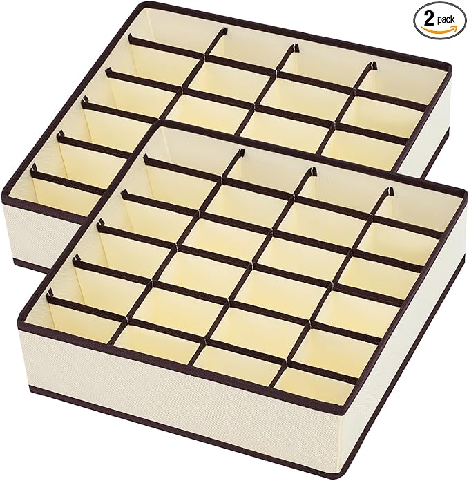 Sock and Underwear Organizer 2 Pack, 24 Cell Foldable Drawer Storage for Socks, Ties, Belts (Beige)