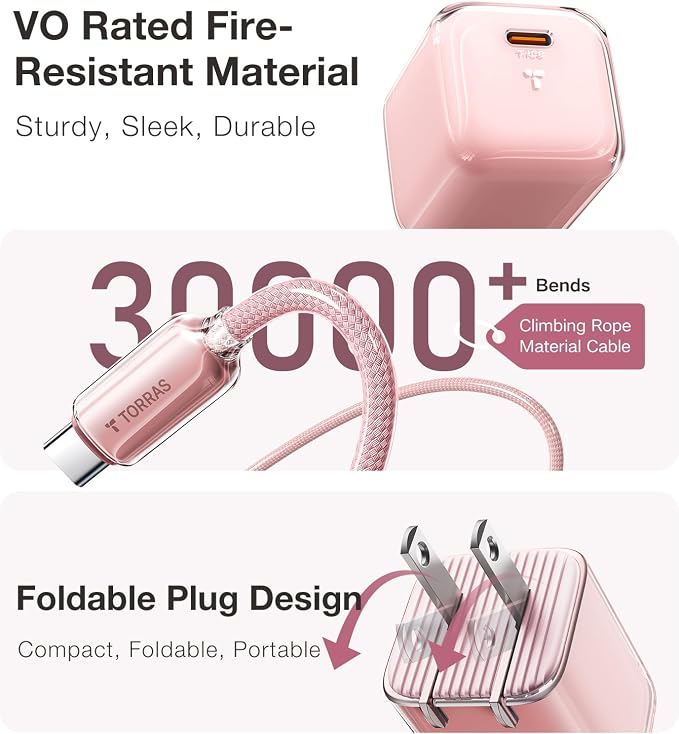TORRAS IceNano 30W USB C Wall Charger Ultra Mini Foldable Fast Charger Block with Cooling Tech Compact Travel Wall Charger for iPhone 17/16/15 Samsung iPad Desert Gold (5.6ft Cable Included)