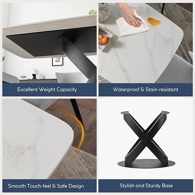 POVISON 63" Modern Dining Table for 4-6 People, Matte White Dining Room Table, Sintered Stone Dinner Tabletop with X-Shape Carbon Steel Pedestal, Rectangle Table for Kitchen Living Room(Table Only)