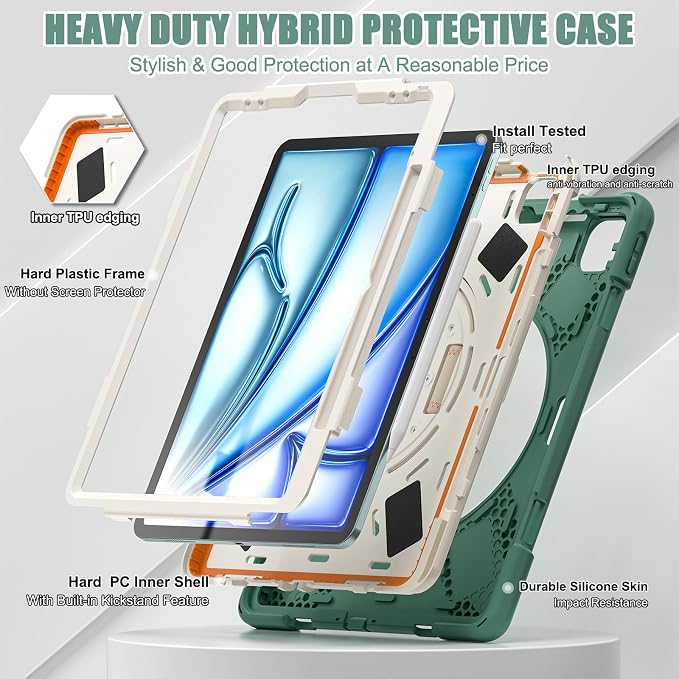 Batianda VortiGrip Case for iPad Air 11 M2/M3/M4 2024-2026 Colorful Blue | Heavy Duty Triple-Layer Rugged Case with 360° Rotating Hand Strap Foldable Hidden Stand Shoulder Strap and Pencil Holder