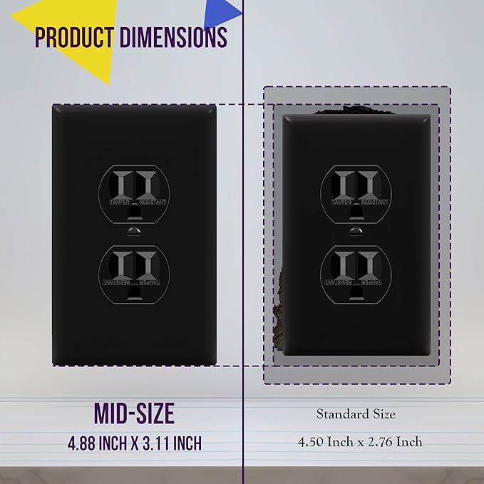 ENERLITES Mid-Size Duplex Receptacle Outlet Wall Plate, Electrical Outlet Covers Plates, Midway Size 1-Gang 4.88" x 3.11", Polycarbonate Thermoplastic, UL Listed, 8821M-BK-5PCS, Black (5 Pack)