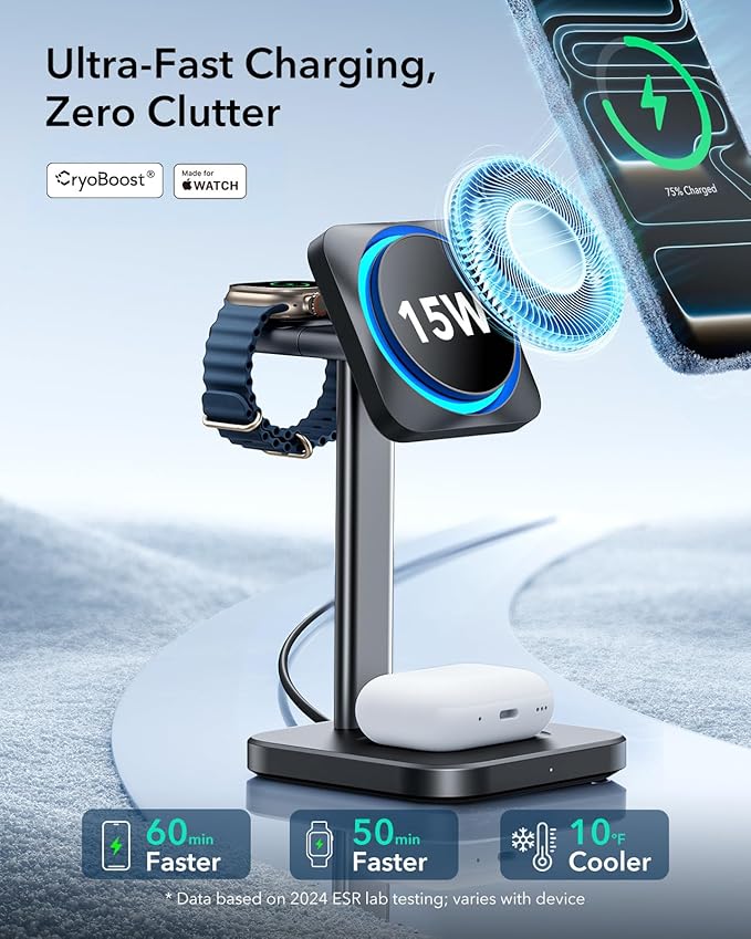 ESR for MagSafe Charger Stand, 3 in 1 Charging Station with CryoBoost, Phone-Cooling Wireless Charging, 15W MagSafe Stand, for iPhone 17/16/15/14/13/12, AirPods, Apple Watch, Black