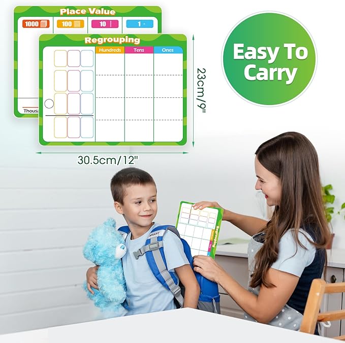 12 PCS Place Value Chart Dry Erase Flash Cards, Addition and Subtraction Learning Math Games for Kids, Base Ten Board Math Manipulatives 1st 2nd 3rd Grade Teacher Classroom Must Haves