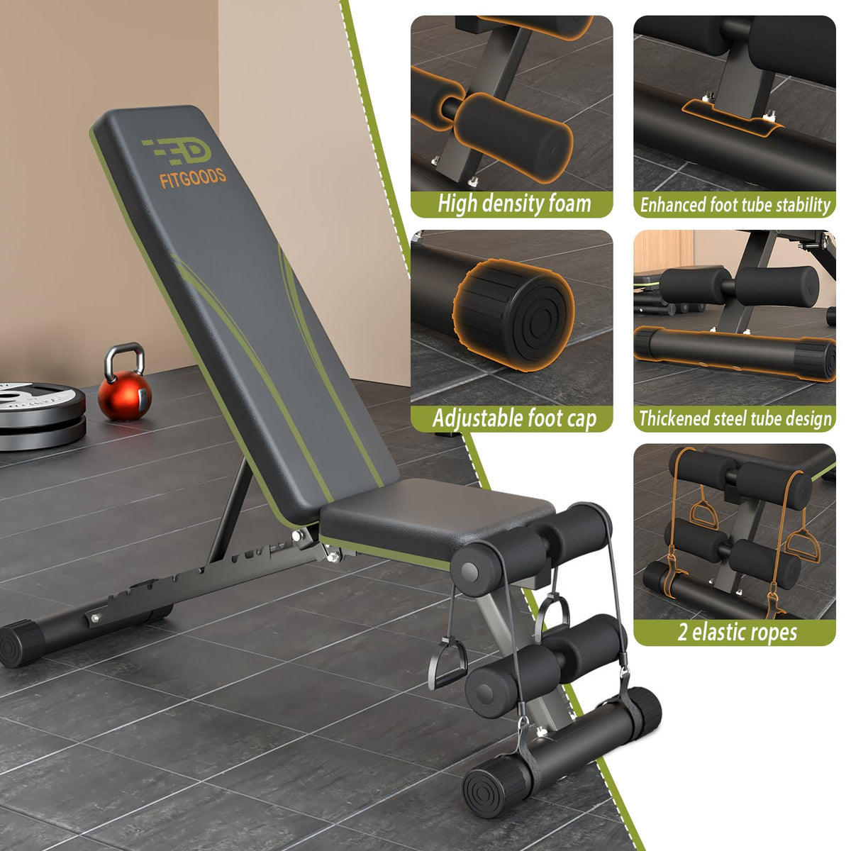 Fitgoods Adjustable Weight Bench for Home Gym, Foldable 700LBS Workout Bench with 9 Backrests, Multi-Purpose Bench Press for Incline Decline Flat with Fast Adjustment (2 resistance bands)