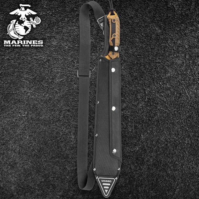USMC Desert OPS Sawback Machete with Shoulder Strap Sheath - Officially Licensed By United States Marine Corps, Stainless Steel Blade, Non-Reflective Finish, ABS Handle - For Outdoors Job - Length 24"