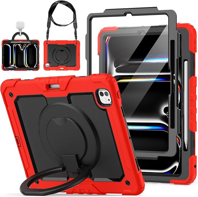for iPad Pro 11 inch Protective Case M5 2025/M4 2024: Heavy Duty Shockproof Case with Pencil Holder - 360°Rotating Handle/Stand - Screen Protector - Shoulder Strap Black/Sky Blue