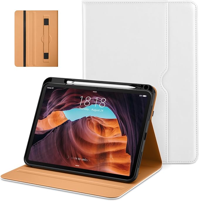 DTTO for iPad (A16) 11th Generation 11-inch &amp 10th Gen Case Brown | Premium Leather Business Cover with Pencil Holder Hand Strap &amp Pocket Corner Protection Auto Sleep/Wake for Work &amp