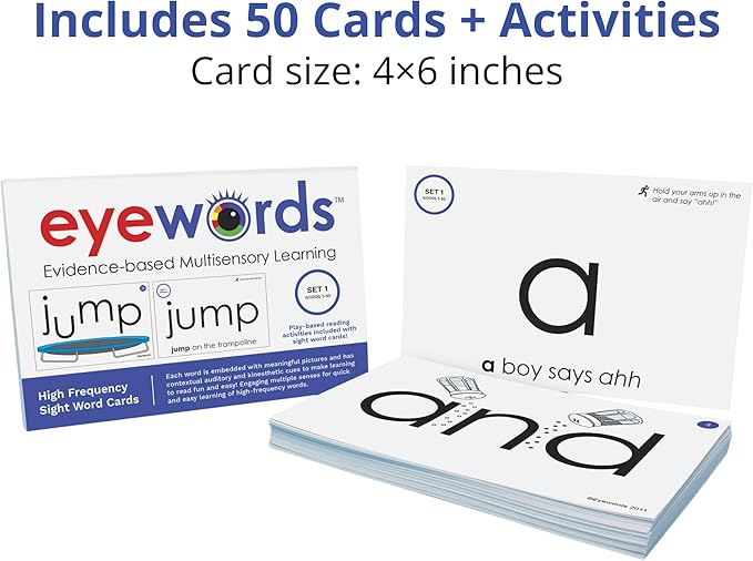 Sight Word & Phonics Flash Cards, Set 1 (High-Frequency Words 1-50) - Kinesthetic Learning, Picture-Embedded - Pre-K to Grade 3 - Homeschool & Classroom use - Model EW-22