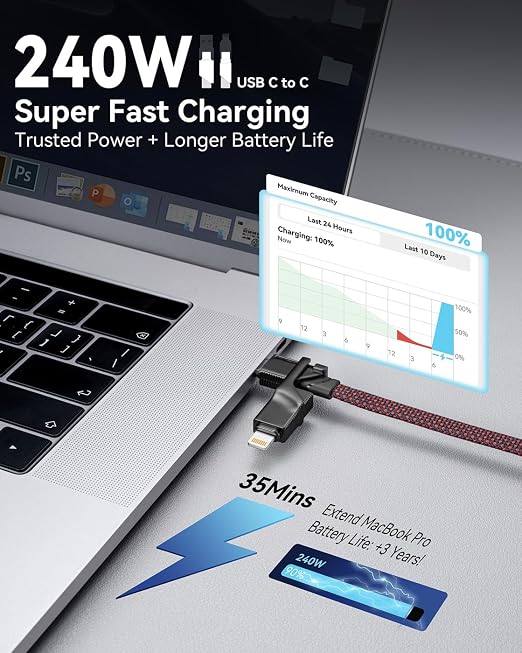 Multi Charging Cable Fast Charging 240W2Pack 4in1 USB C to Lightning Cable | Braided USB C Cable iPhone Charger Cable with USB A/C to C/Lightning for iPhone 17 16 15 14 Pro/MacBook/iPad