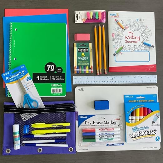 hand2mind School Supply Kit Deluxe, Back to School Supplies for The Classroom or Home, Classroom Essentials, Spiral Notebook, Pencil Pouch, Pens, Rulers, Dry Erase Board, Crayons, Dry Erase Eraser