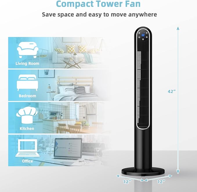 GOFLAME Tower Fan with Remote Control, 42" 80° Oscillating Quiet Cooling Fan with 3 Wind Modes, LED Control Panel and 12H Timer, Portable Bladeless Standing Fan for Bedroom Living Room Office (Black)