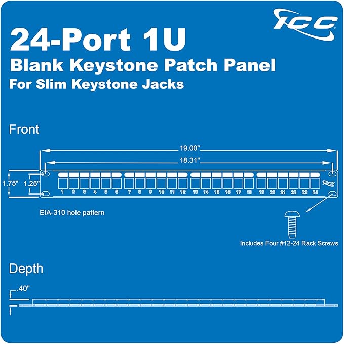 ICC 24 Port Blank Keystone 1U Patch Panel with 19” Metal Rackmount Housing for Slim Profile Keystone Jacks (Sold Separately), UL Listed, IC107BP241
