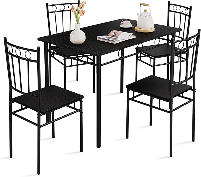 Vipbear 5-Piece Kitchen Table Set,Kitchen Dining Table Set for 4,Dining Room Table Sets,Rectangular Kitchen Table Set with 4 Chairs for Small Space, Dinette,Apartment,Black