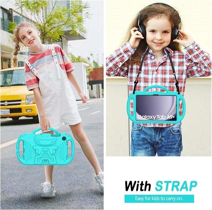 Kids Case for Samsung Galaxy Tab A11+ Plus/A9+ Plus 11 Inch Case with Strap Shockproof Lightweight Handle Stand 2025/2023 Model with Lanyard Black