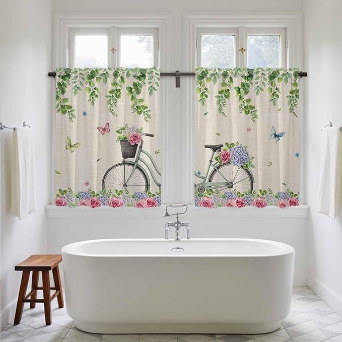Farmhouse Spring Kitchen Curtains, Retro Bicycles Flowers Vines Butterfly Light